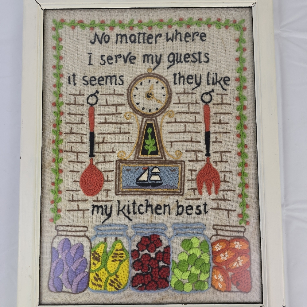 Vintage Framed Crewel Wall Art Kitchen Retro Cottage Farmhouse - Picture 7 of 10